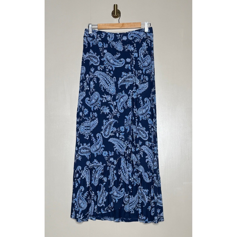 Talbots Blue Paisley Faux Wrap Midi Skirt Ruffle Hem Cottagecore Small